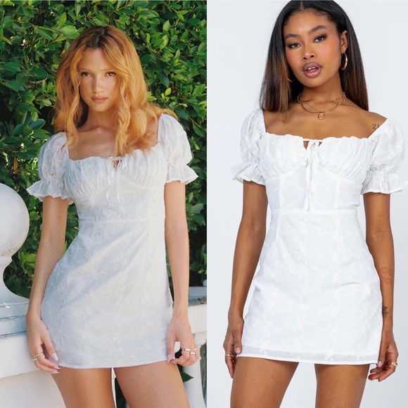 Princess Polly White Rose Eyelet Puff Sleeve Ruched Tie Bust Mini Dress - Picture 12 of 12